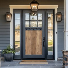 Elegant wooden front door of a modern house with glass side panels, decorative lanterns, and potted plants for a welcoming entryway.