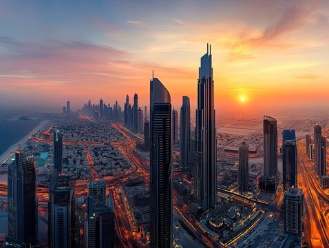 Cityscape sunrise, coastal metropolis, vibrant skyline, urban development, aerial view, travel destination