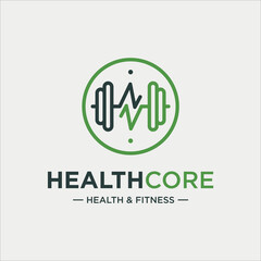 Minimalist fitness logo with a barbell and heartbeat in a circle. Ideal for gyms, wellness centers, or health apps, combining strength, balance, and a fresh green-black color scheme.