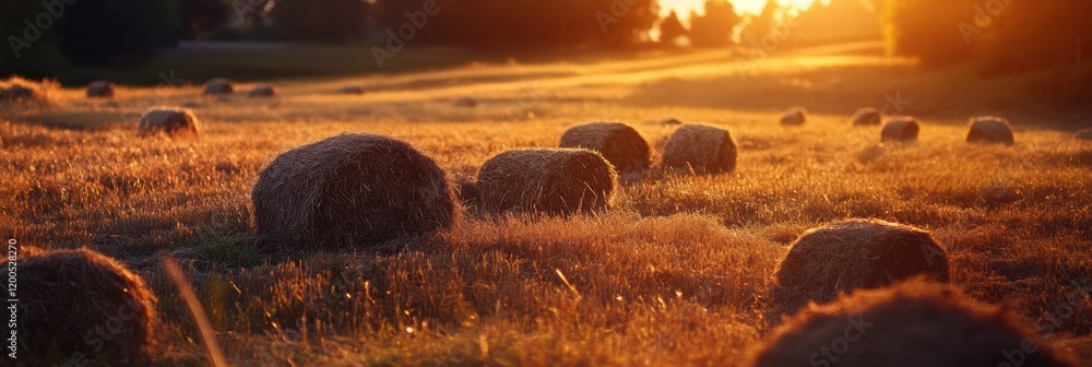 Aufkleber sunset over a grassy field with hay bales scattered across the landscape in a tranquil rural setting