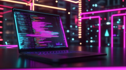 Obraz premium Laptop displaying colorful code in futuristic setting.