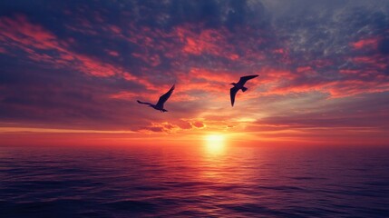 Fototapeta premium Two birds flying over ocean sunset.