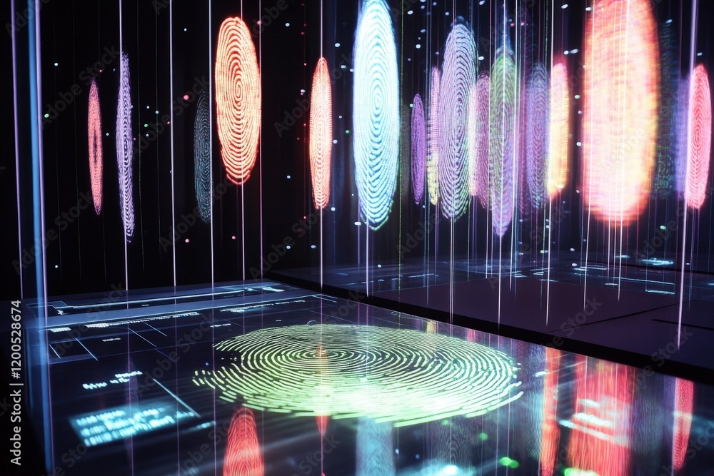 Poster a creative depiction of a digital fingerprint database, with biometric scans displayed in real-time