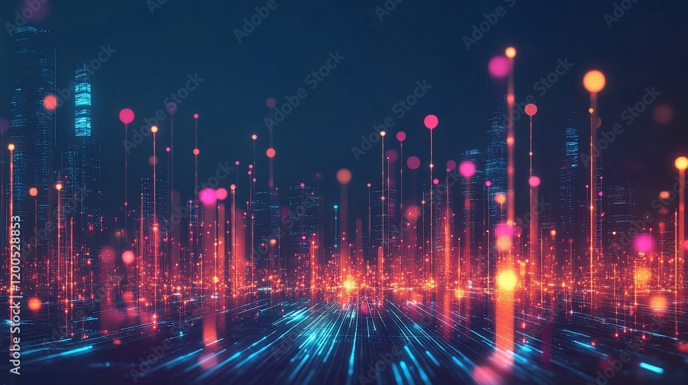 Poster abstract futuristic cityscape with glowing lines and particles.