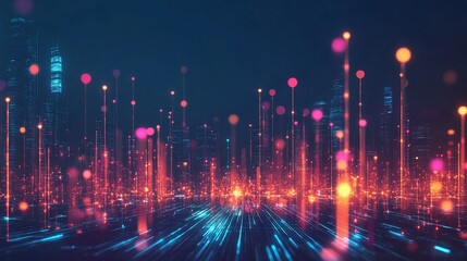 Abstract futuristic cityscape with glowing lines and particles.