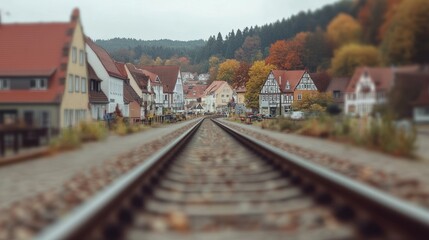 Obraz premium Railway tracks vanishing into autumnal village.