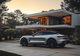 Sleek Silver SUV Parked in Front of Modern Minimalist House with Geometric Design