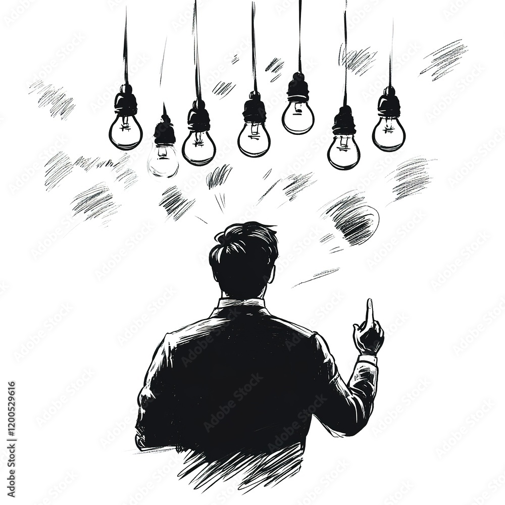 Poster man is pointing at a light bulb hanging from the ceiling