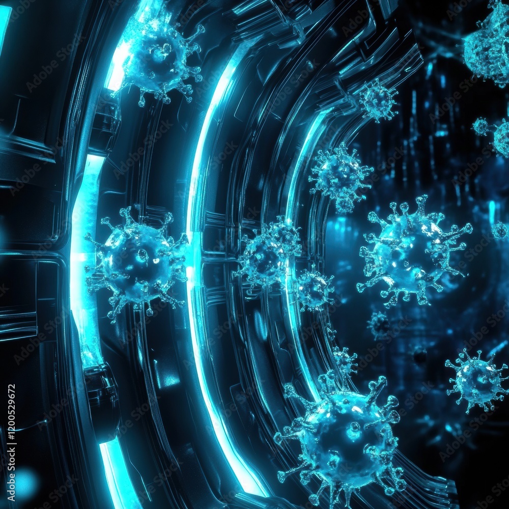 Poster glowing wall effectively deflects viruses in a futuristic setting with dynamic energy. generative ai