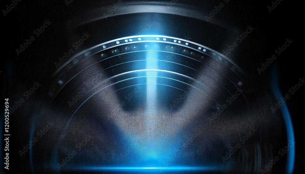 Poster a mesmerizing blue light beam emerges from a stylized circular pattern, creating a futuristic and di
