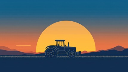 Fototapeta premium Tractor silhouette at sunset over farmland.