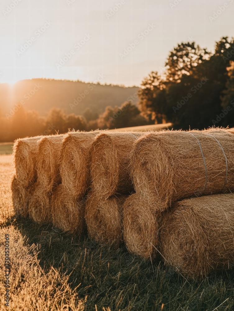 Poster hay bales stacked neatly in the golden light of sunset on a peaceful rural field in the countryside.
