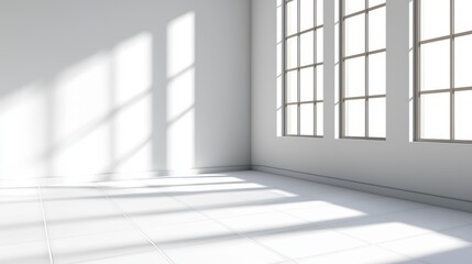 Empty white room with tiled floor and sunlight from large windows.