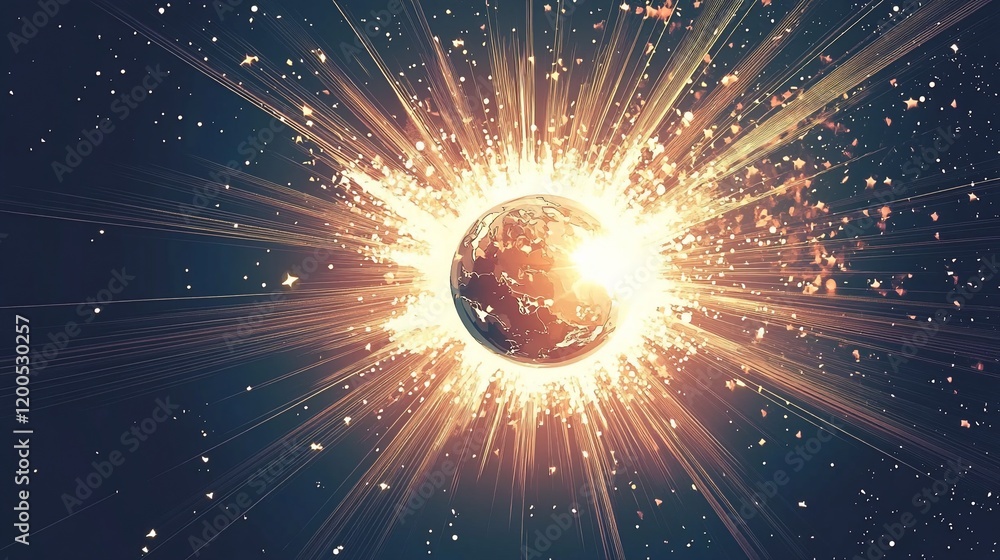 Poster planet exploding with bright light and energy in space.