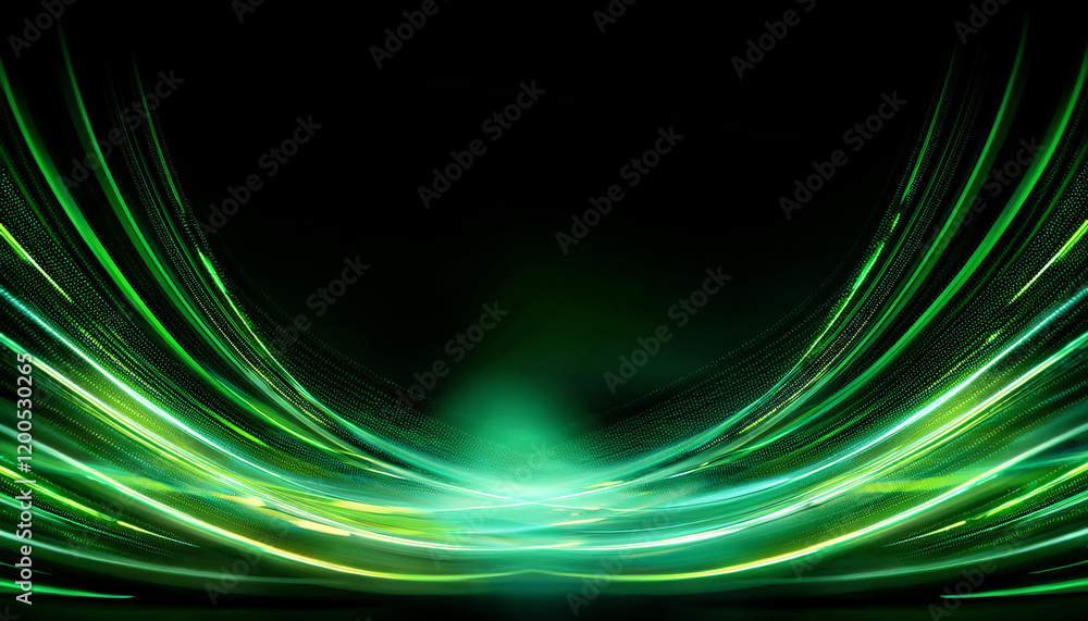 Poster a vibrant display of green light streaks against a dark background, creating a dynamic and energetic