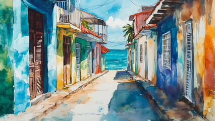 Fototapeta premium Watercolor Serenity: Margarita Island’s Vibrant Streetscape