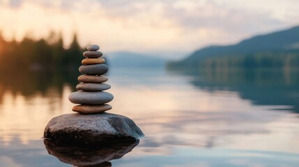 Peaceful Stacked Stones on Calm Water at Sunset in Nature Setting
