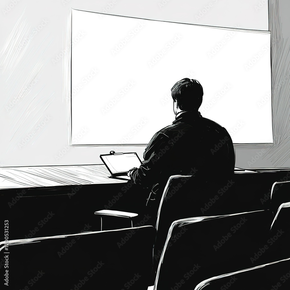 Aufkleber man is sitting in a classroom with a laptop open in front of him