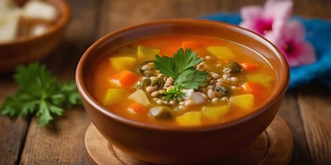 Warm bowl of traditional Russian shchi soup with vegetables