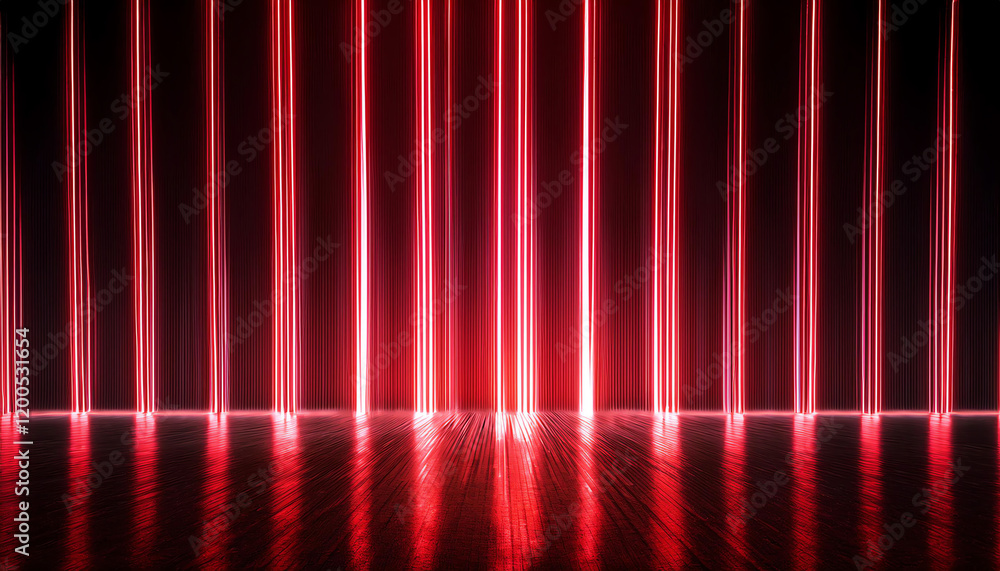 Poster a vibrant display of red lights creates a dynamic vertical pattern against a dark background, evokin