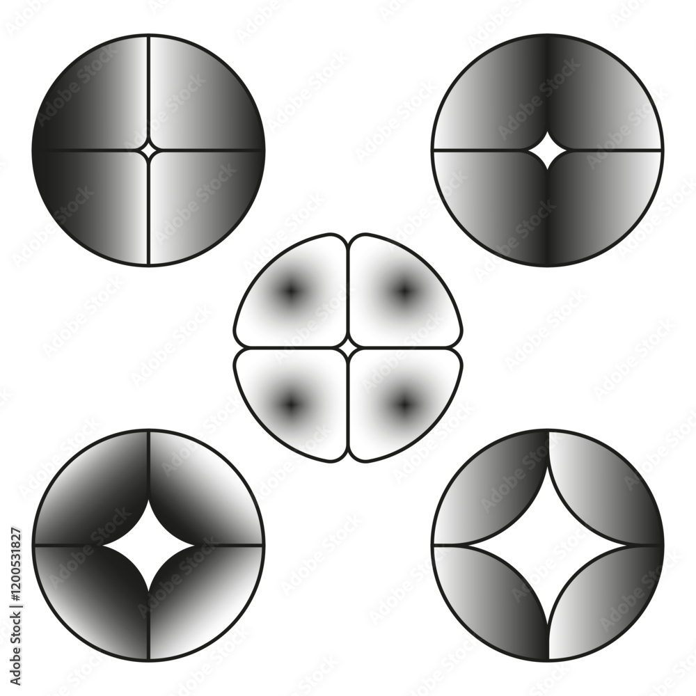 Poster gradient circle shapes. abstract symmetric design. black and white tones. geometric vector pattern.