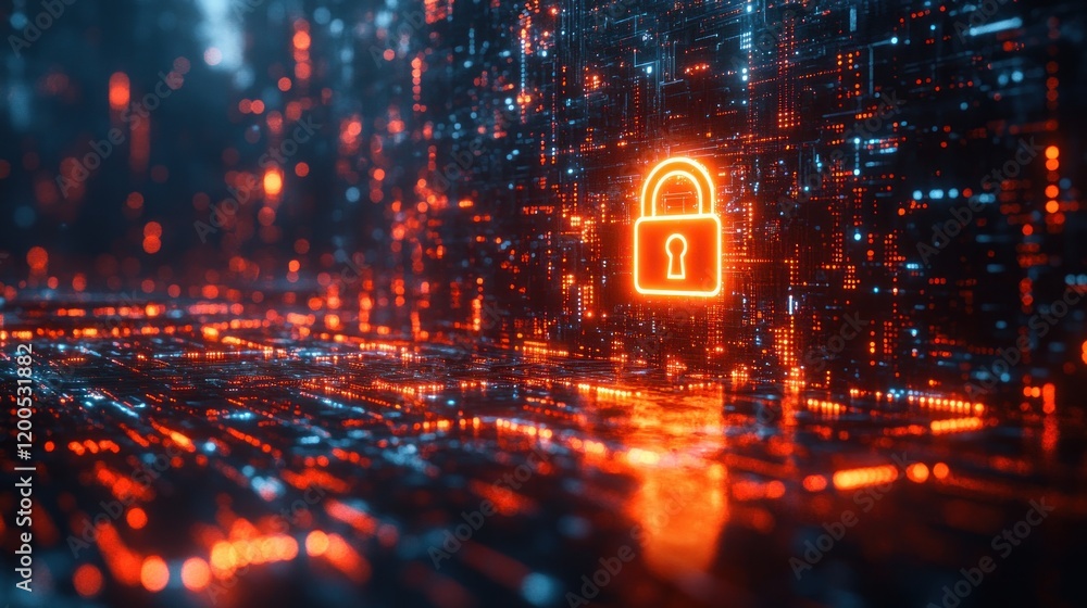 Poster digital security and privacy information with open padlocks in a cyberpunk landscape