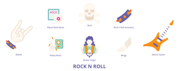 Rock n Roll Flat Banner Web Icon Set Vector Illustration, Skull Rocker Singer Rock n Roll Maloik Electric Guitar Album Rock Music Wings Heavy Music