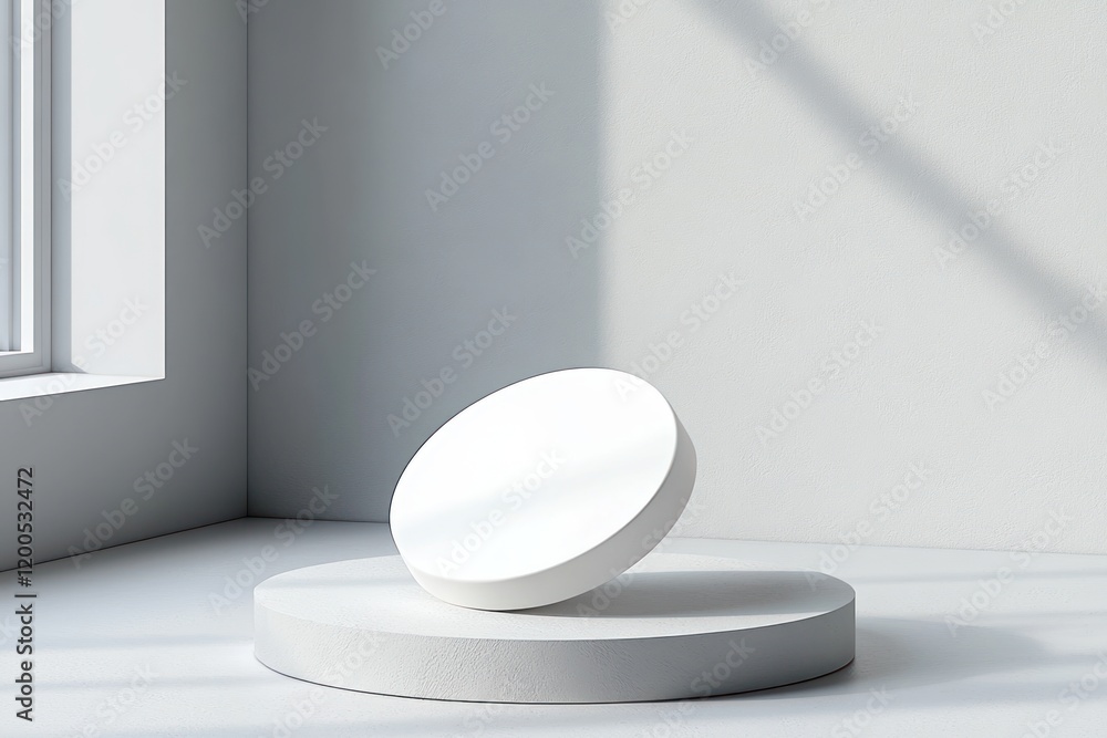 Poster modern minimalist white disc floating on gray background with soft ambient lighting in abstract styl