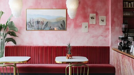 An upscale coffee shop with velvet banquette seating and brass accents.