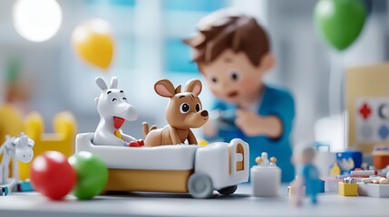 Child playing with toy medical transport vehicle with animals.