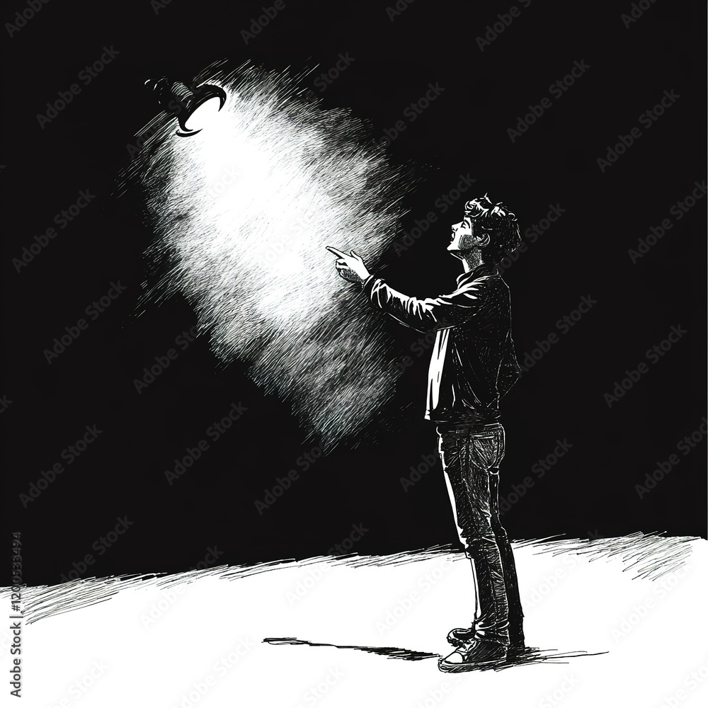 Poster man is standing in the dark with a light shining on him