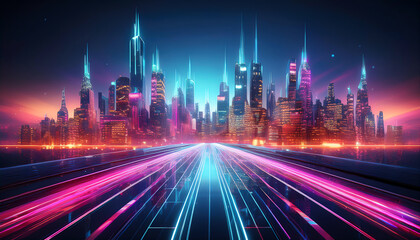 A vibrant, futuristic city skyline glows with neon lights, showcasing tall skyscrapers and dynamic light trails on a road leading towards it.