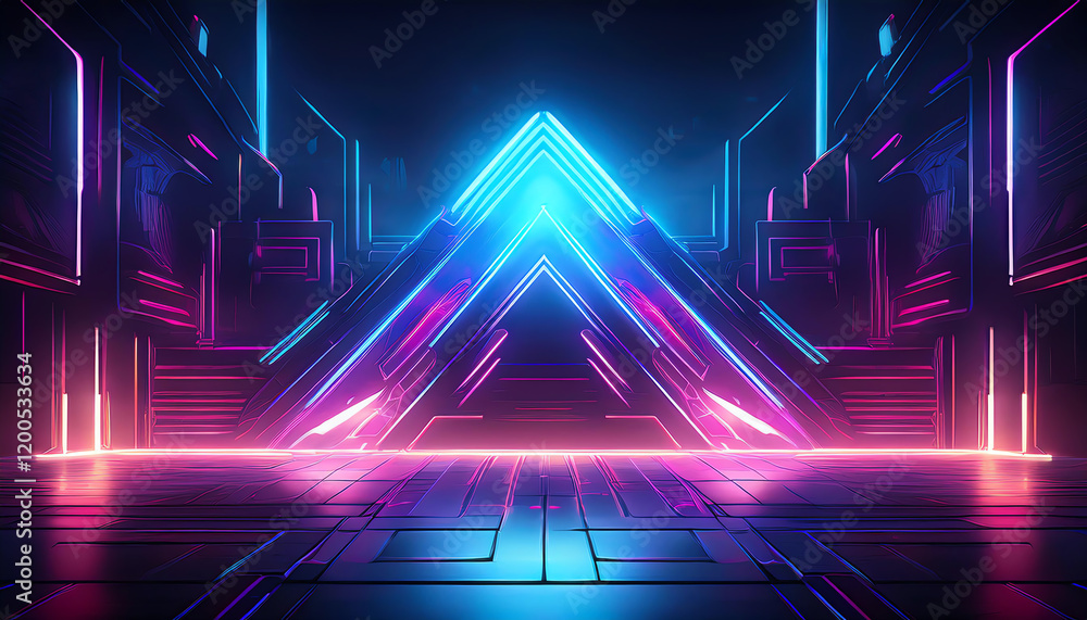 Poster a vibrant, futuristic scene featuring neon lights and geometric shapes, creating a dynamic and immer