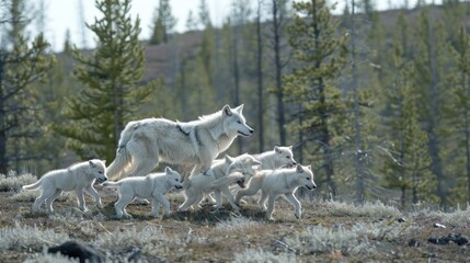 Obraz premium wolf walking decorated with trees and sunlight