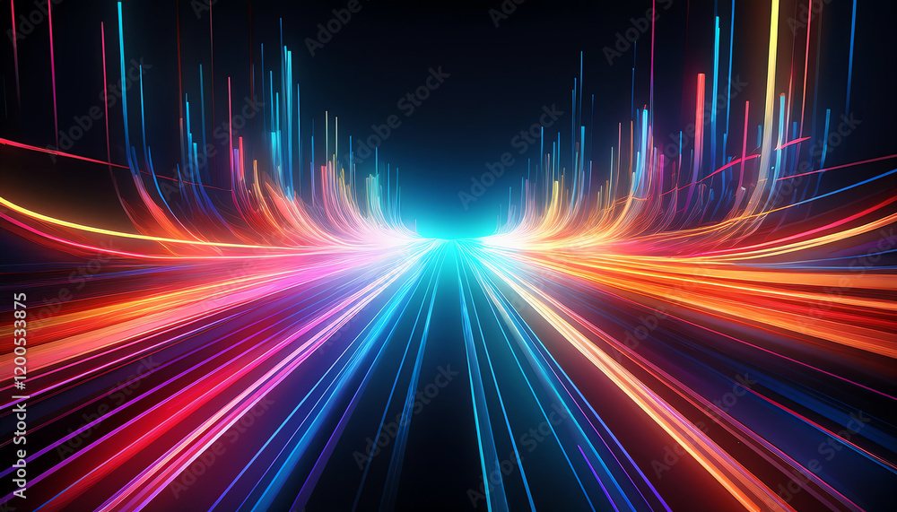Poster a vibrant display of light streaks converging towards a bright center, creating a dynamic sense of s
