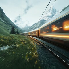 Fototapeta premium high-speed train traveling through green countryside, modern rail technology, electric transportation, emphasizing speed, efficiency, and eco-friendly mobility