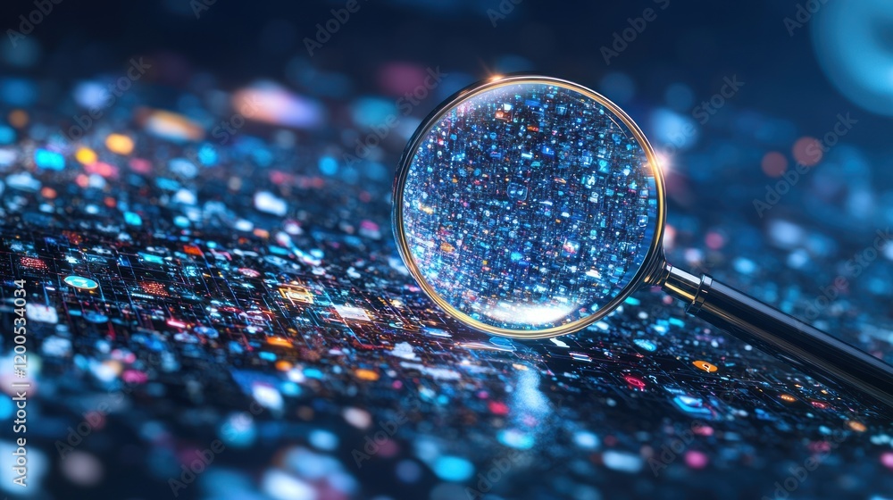 Poster magnifying glass exploring digital data: a deep dive into the vast ocean of information