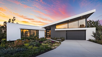 A sleek home with a white and charcoal-gray angular exterior, large windows for natural light, and a flat roof