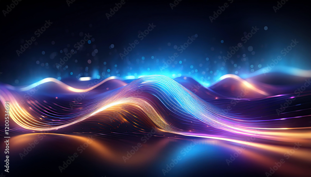 Poster a vibrant abstract image featuring flowing waves of light and color, creating a dynamic, energetic a