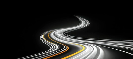 winding road with smooth curves and yellow center line, set against a dark background, symbolizing journey and motion.