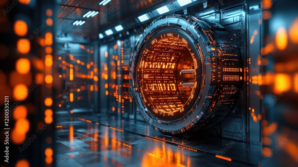 Poster futuristic data center: a glowing orb of information in a sci-fi setting