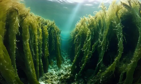 Underwater view of lush seaweed, showcasing marine plant life and aquatic ecosystem.