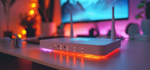 Obraz premium Wireless router on desk, colorful lights, gaming setup