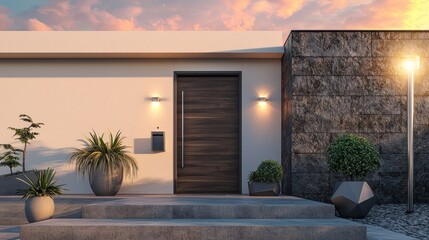 A sleek house featuring ivory walls, a charcoal wood door, and textured gray stone accents