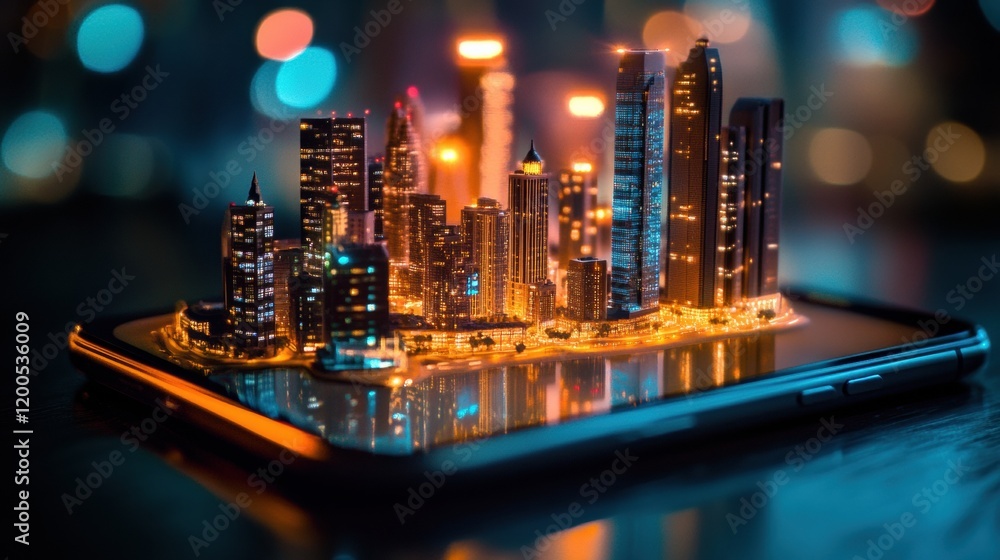 Aufkleber tiny cityscape emerges from a glowing smartphone screen at night showcasing modern architecture and 