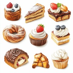 assorted pastries with whipped cream, fruit toppings, and chocolate drizzle, featuring croissants, tarts, and desserts in a delicious display watercolor style