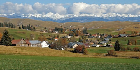 Obraz premium Autumnal village nestled in valley, snowy mountains backdrop. Scenic postcard
