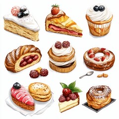assorted pastries with whipped cream, fruit toppings, and chocolate drizzle, featuring croissants, tarts, and desserts in a delicious display watercolor style