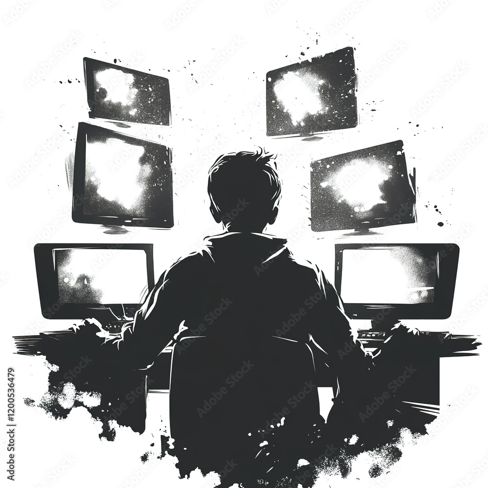 Poster man is sitting in front of a computer with six monitors