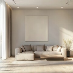 modern living room with neutral-toned furniture, white sofa, minimalist decor, natural light, and a warm, inviting aesthetic.